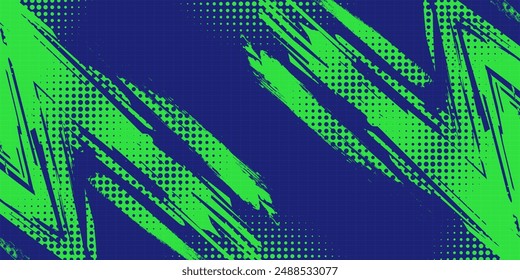 Abstract Sport Background with Green and Blue Brush Texture and Halftone Effect. Dirty Grunge Background