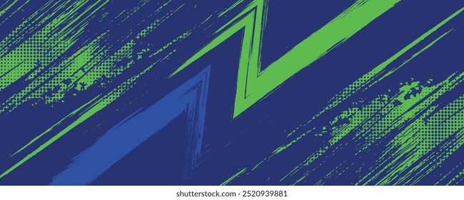 Abstract Sport Background with Green and Blue Brush Texture and Halftone Effect. Dirty Grunge Background
