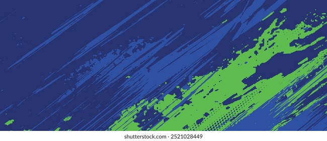 Fondo deportivo Abstractas con textura de pincel verde y azul y efecto semitono. Fondo sucio del grunge