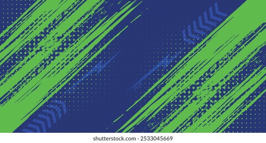 Abstract Sport Background with Green and Blue Brush Texture and Halftone Effect. Dirty Grunge Background