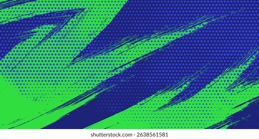 Abstract Sport Background with Green and Blue Brush Texture and Halftone Effect. Dirty Grunge Background