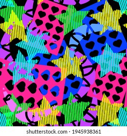 Abstract sport background multicolored star and hearts on black background, seamless pattern, vector illustration