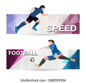Abstract sport banner on a light bright background. soccer Players in sport form with the ball. The athlete quickly runs. Template design for horizontal banner.