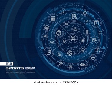 Abstract Sport And Fitness Background. Digital Connect System With Integrated Circles, Glowing Thin Line Icons. Virtual, Augmented Reality Interface Concept. Vector Future Infographic Illustration