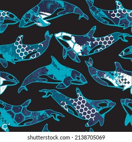 Abstract sport pattern with killer whales. Grunge pattern for textile, sport wear, and more