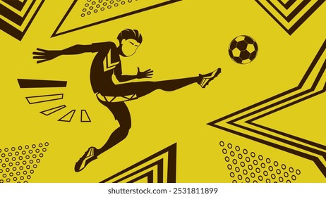 Abstract sport poster with dynamic geometry on golden background. Football player jumping and kicking the ball. Pop art template, soccer player silhouette, desktop wallpaper, vector cartoon.