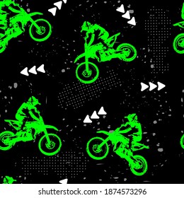 Abstract sport seamless pattern. Green motocross,  arrows and grunge texture.