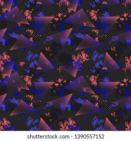 Abstract sport style seamless pattern. Bright colorful urban art background with neon geometric elements, triangles, lines, stripes, glowlight, chaotic color splash, spots. Retro 1980-1990's design