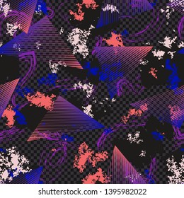 Abstract sport style seamless pattern. Bright colorful urban art background with neon geometric elements, triangles, lines, stripes, chaotic color splash, dirty spots. Graffiti brush print texture