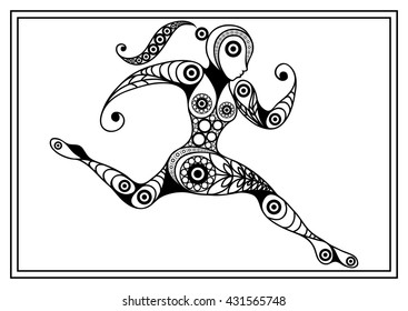 Abstract sport vector runner (athlete). Suitable for invitation, flyer, sticker, poster, banner, card, label, cover, web. Coloring book page. Vector isolated illustration. 