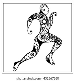 Abstract sport vector runner (athlete). Suitable for invitation, flyer, sticker, poster, banner, card, label, cover, web. Coloring book page. Vector isolated illustration.