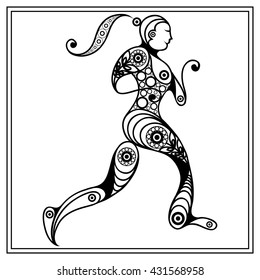 Abstract sport vector runner (athlete). Suitable for invitation, flyer, sticker, poster, banner, card, label, cover, web. Coloring book page. Vector isolated illustration.