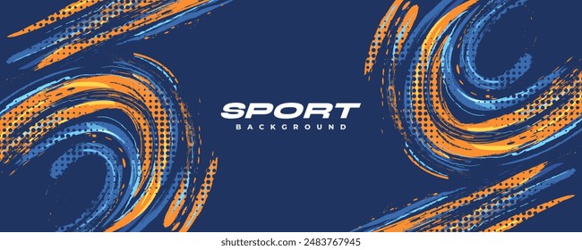 Abstract Sports Background with Blue and Orange Brush Texture and Halftone Effect. Grunge Background for Banner or Poster Design