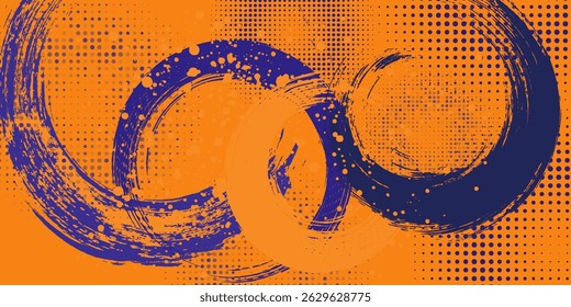 Abstract Sports Background with Blue and Orange Brush Texture and Halftone Effect. Retro Grunge Background for Banner or Poster Design