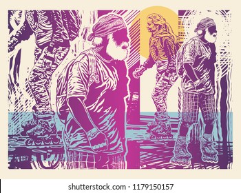 Abstract Sports Background With Elderly Man And Girl on Roller Skates. Vector Illustration.