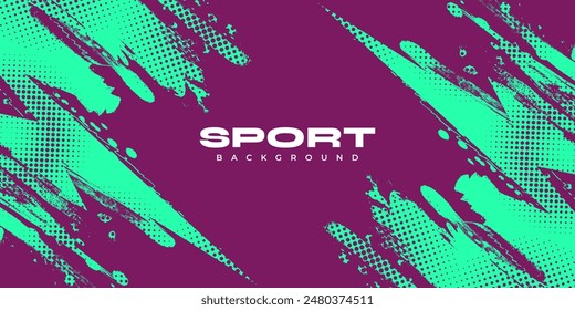 Abstract Sports Background with Green and Purple Brush Texture and Halftone Effect. Grunge Background for Banner or Poster Design