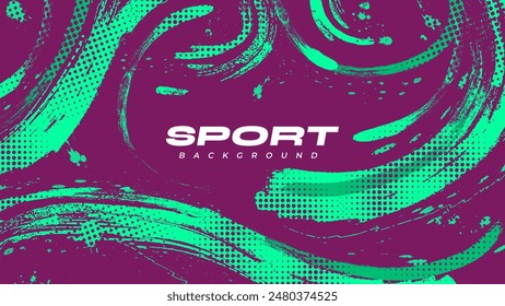 Abstract Sports Background with Green and Purple Brush Texture and Halftone Effect. Grunge Background for Banner or Poster Design