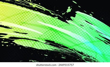 Abstract Sports Background with Green and Yellow Gradient Brushstrokes and Halftone Effect. Dynamic Grunge Background.  Scratch and Texture Elements For Design