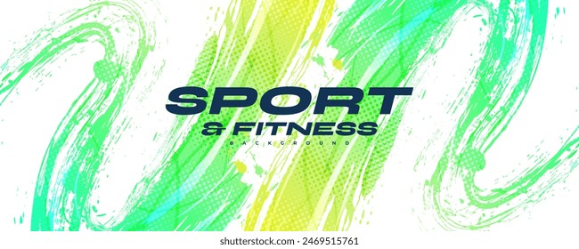 Abstract Sports Background with Green and Yellow Gradient Brushstrokes and Halftone Effect. Dynamic Grunge Background.  Scratch and Texture Elements For Design