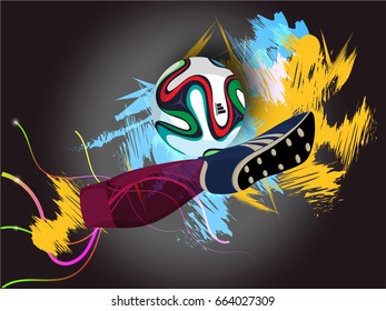 Abstract sports background with illustration of Soccer player's leg kick the ball.