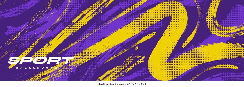 Fondo deportivo Abstractas con textura de pincel morado y amarillo y efecto de semitonos. Fondo del grunge para el diseño del Anuncio o del cartel