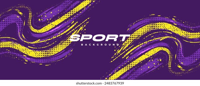 Abstract Sports Background with Purple and Yellow Brush Texture and Halftone Effect. Grunge Background for Banner or Poster Design