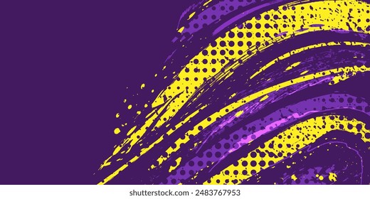 Abstract Sports Background with Purple and Yellow Brush Texture and Halftone Effect. Grunge Background for Banner or Poster Design