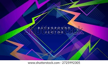 Abstract sports background or vibrant backdrop with colorful geometric shapes and lightning bolt lines or thunder zig zag patterns on dark blue for energetic gaming poster design