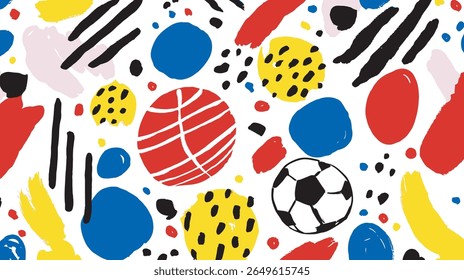 Abstract sports balls scatter across playful colorful white background pattern