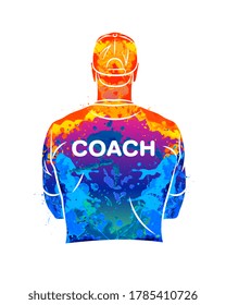 Abstract sports coach stands with his back in a T-shirt and baseball cap. Background for sports or coaching theme from splash of watercolors. Vector illustration of paints