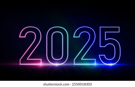 Abstract sports Light out technology and with number  light for magic holiday happy new year 2025 glowing in the dark, pink blue neon light vector design