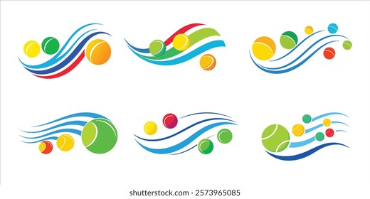 Abstract sports logo, tennis balls, dynamic curved lines, vibrant colors, red green blue yellow, minimalist design, swoosh shapes, movement, energy, graphic art, clean vector style, sports branding.