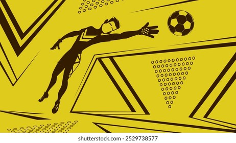 Cartaz esportivo abstrato com geometria dinâmica sobre fundo dourado. Goleiro de futebol saltando e alcançando a bola. Modelo de arte pop, papel de parede desktop, arte decorativa, desenho à mão vetor cartoon