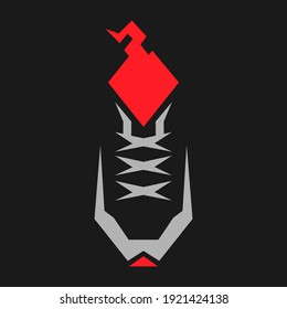 Abstract sports running shoe in flames symbol on black backdrop. Design element