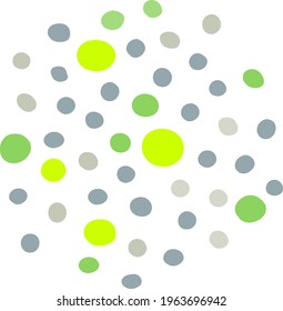 Abstract spot of dots. Gray, green and neon-yellow specks. Trending colors. Geometric rounded shapes of similar form but different sizes are hand-drawn. Modern design assets for  media templates. 