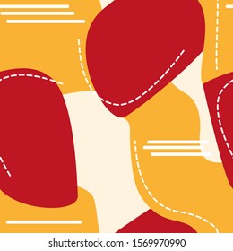 Abstract spot, tripe and dashed line seamless pattern. Red, yellow and pink retro vector repeat design.