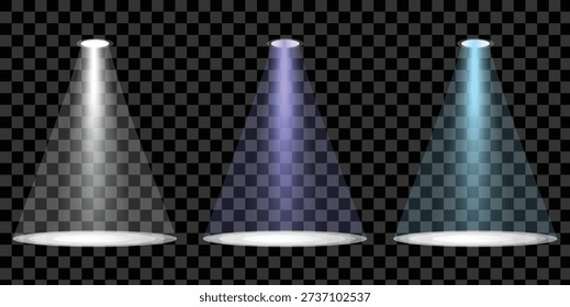 abstract spotlight light beam stage lighting background showing realistic white blue and cyan spotlights with glowing cones of illumination on a transparent background, representing stage lighting, studio setup, presentation focus and event atmosphere. This modern abstract design is ideal for performances, exhibitions, concerts, showcases, product highlights and creative lighting compositions.