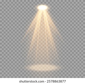 Abstract spotlight light from lamp , stage spotlight beam on transparent background , illuminated scene with bright golden beams of lamp beam , vector graphics .