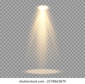 Abstract spotlight light from lamp , stage spotlight beam on transparent background , illuminated scene with bright golden beams of lamp beam , vector graphics .