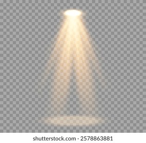 Abstract spotlight light from lamp , stage spotlight beam on transparent background , illuminated scene with bright golden beams of lamp beam , vector graphics .