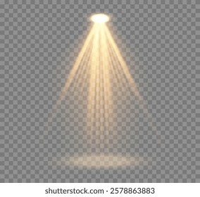 Abstract spotlight light from lamp , stage spotlight beam on transparent background , illuminated scene with bright golden beams of lamp beam , vector graphics .