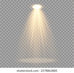 Abstract spotlight light from lamp , stage spotlight beam on transparent background , illuminated scene with bright golden beams of lamp beam , vector graphics .