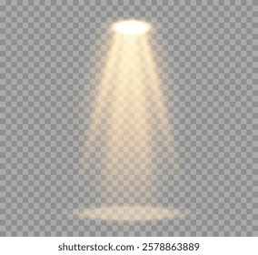 Abstract spotlight light from lamp , stage spotlight beam on transparent background , illuminated scene with bright golden beams of lamp beam , vector graphics .