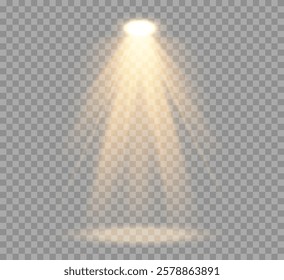 Abstract spotlight light from lamp , stage spotlight beam on transparent background , illuminated scene with bright golden beams of lamp beam , vector graphics .