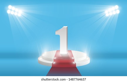 Abstract spotlight stadium lights out Number one on Stage red carpet on white background. Vector illumination