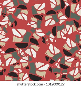Abstract spots are chaotically scattered over a homogeneous field. Seamless camouflage.