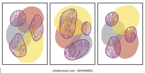 Abstract of spots of different shapes and purple line made in trendy colors set