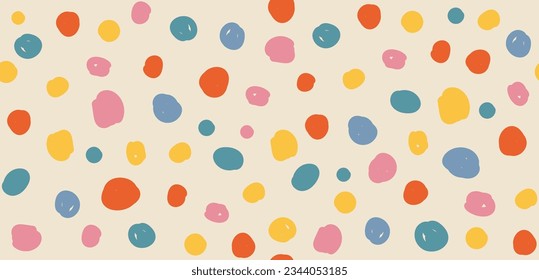 Los puntos abstractos dibujaron a mano un patrón ininterrumpido e ingenuo del año 2000. Vector de formas de círculo de doodle colorido orgánico forma fondo en el estilo de groovy de los años 70