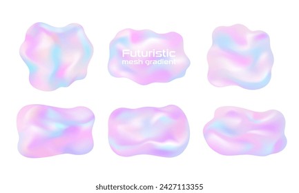 Abstract spots with a holographic effect. Blobs set in blurry gradient purple and blue pastel colors. Dynamic shapes. Y2k techno drop. Vector iridescent illustration.
