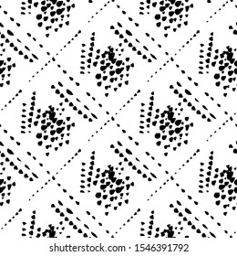 Abstract spots and lines, brush stroke, dots, cage vector pattern. Black and white.